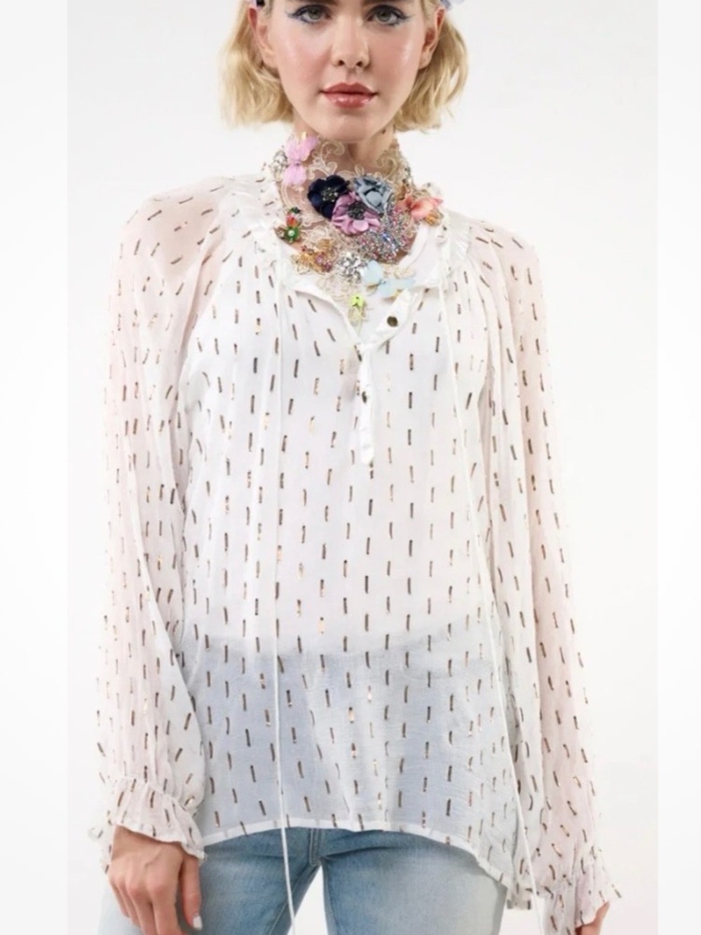 Aratta Sheer White & GoldLong-Sleeve Blouse - with Beaded Tassel Tie. Sz M - Picture 1 of 5